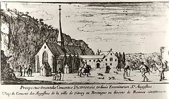 Le couvent des Augustins dans le faubourg médiéval du Bourg-aux-Moines. Gravure du XVIIe siècle.