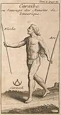 Gravure française d'un Amérindien caraïbe publiée en 1742 dans le Nouveau voyage aux isles de l'Amérique.