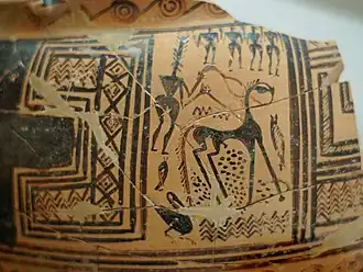 Poterie géométrique grecque, VIIIe&nbsp;siècle&nbsp;av. J.-C. Figure féminine tenant les rênes d'un cheval au bord d'un cours d'eau.