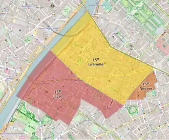 Limites de l'ancienne commune de Grenelle, avant son annexion à Paris en 1859, reportées sur un plan moderne et avec la répartition du territoire communal entre quatre quartiers parisiens.