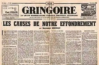 Double page jaunie avec caractères noirs indiquant en gros « Gringoire » et en plus petit « Les causes de notre effondrement »