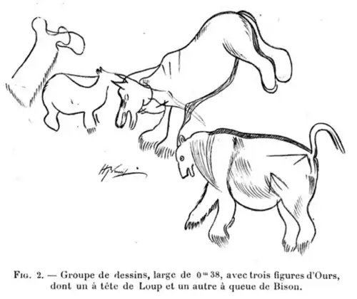 Dessin de trois ours,dont un à tête de loup et un à queue de bison.