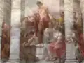 Fresque Apollon dirigeant un chœur de jeunes filles (1776-1777) de Jacopo Guarana (détail de la partition Antigono de Pasquale Anfossi) dans l'Ospedale di Santa Maria dei Derelitti.