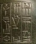 Détail d'une inscription sur une statue en basalte de Gudea : « (1) Gudea (2) ENSÍ (3) (de) Lagash ».
