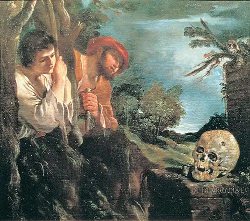 tableau avec deux bergers à gauche regardant une tête de mort, à droite, sur un piédestal grossier, rochers au premier plan