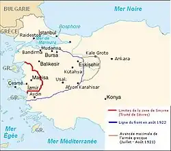 Carte montrant les territoires anatoliens occupés par la Grèce entre 1921 et 1922.