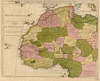 En 1707, cette carte française montre le Niger qui se jette encore dans le Sénégal, son delta intérieur est clairement identifié. Le Rio Formosa se jette dans le golfe du Bénin.