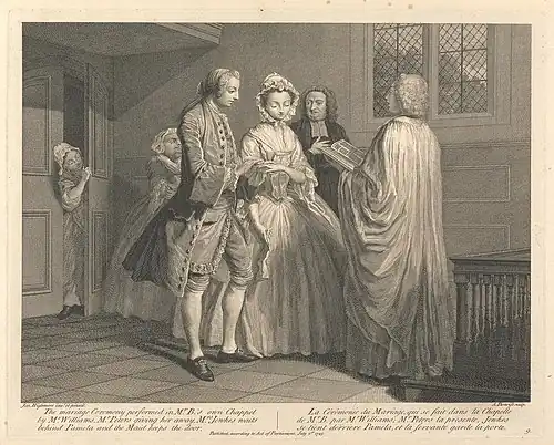 The Marriage Ceremony performed in Mr. B.'s own Chappel by Mr. Williams, Mr. Peters giving her away, Mrs. Jewkes waits behind Pamela and the Maid keeps the door, eau-forte et pointillé (1745, Centre d'art britannique de Yale).