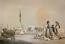 reproduction d'un dessin du XIXe&nbsp;siècle représentant des bergers, leurs chiens, leur campement et leur troupeau.