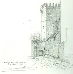 Dessin de la tour de l'Eau et du guichet de la Tour de l'Eau, par Gumersindo Díaz, vers 1865.