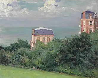 Tableau montrant un paysage vers la mer, avec deux maisons et une haie au premier plan.