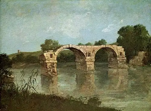 Le Pont d'Ambrussum, par Gustave Courbet, 1857, montrant le pont encore pourvu de deux arches.