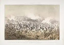 Lithographie en noir et blanc. Deux troupes se rencontrent au centre de la composition, très éclairé. Les soldats sont tous équipés de baïonnettes, se tirant dessus ou se battant en corps-à-corps, l'arrière plan étant couvert de fumées.