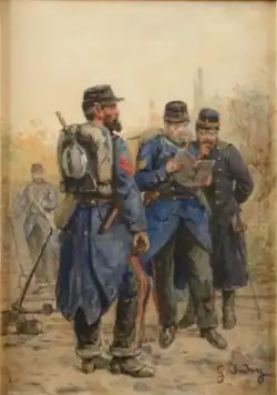 Officier et sous-officier du génie sur un chantier, aquarelle, vers 1870.