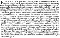Texte ancien écrit en latin, et commençant par Bona cella (nom latin de l'abbaye).