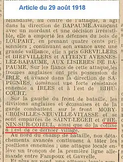 Article de journal mentionnant la libération du village le 29 août 1918.