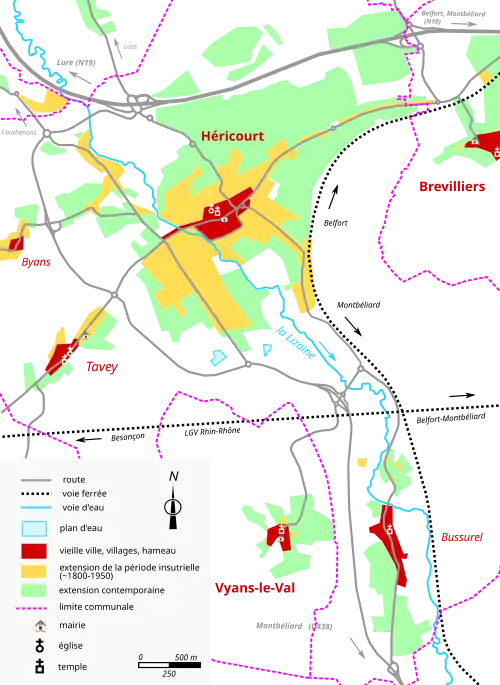 Vue d'une carte en couleur représentant les étapes de développement du bâti d'une ville.