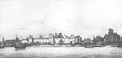 Lithographie montrant un bâtiment flanqué de tours, sur la berge d'un fleuve
