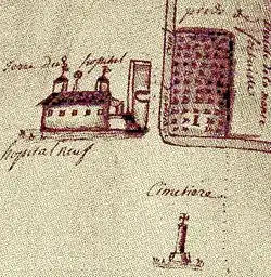 dessin montrant un hôpital et un cimetière.