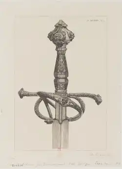 Gravure de Henri Guérard représentant une épée italienne en fer damasquiné ayant appartenu à la Collection (gravure de 1882, Gallica).