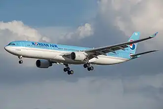 HL7525, l'Airbus A330 de Korean Air impliqué dans l'accident, photographié à l'aéroport international de Narita en novembre 2018.