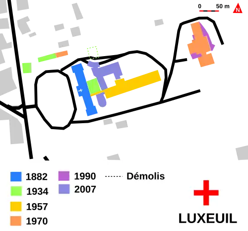 Carte de l'hôpital et de ses évolutions.