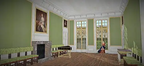 Restitution de la grande salle de l'appartement de Mme Louvois, premier étage de l'Hôtel Louvois, 1690