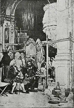 Photographie en noir et blanc de mauvaise qualité. Acteurs en costume d'époque dans une église.