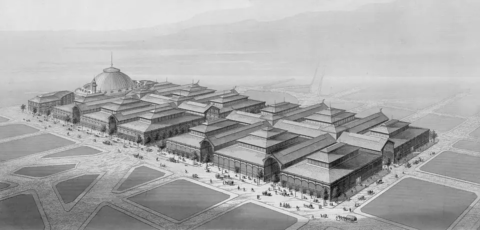 Dessin, vue à vol d'oiseau des Halles centrales de Paris en 1863, conçues par Victor Baltard.