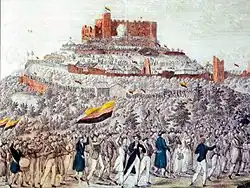 Grand cortège avec des drapeaux allemands allant vers le château.