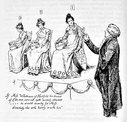 Gravure humoristique. Un homme face au choix entre trois jeunes filles