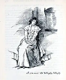 Gravure N&B. Assise sur son lit, une jeune fille éplorée