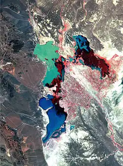 1976 - Oasis Hamoun florissante [Landsat 3] La rivière Helmand crée un delta dendritique et se dissipe en une série d'hamouns ainsi que de nombreuses rivières saisonnières qui convergent vers le bassin endoréhique du Sīstān.