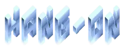 Hang-On est inscrit sur une ligne en lettres bleues inclinées.