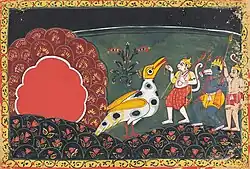 Hanuman avec Jambavan et Angada rencontrent Sampati, le frère aîné de Jatayu. XVIIIe&nbsp;siècle. Peinture opaque à l'eau, or, papier 9,9 cm x 6,9 cm. Musée national (New Delhi)