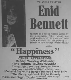 page de publicité avec photo et texte indiquant Enid Bennett et le titre du film 'happiness"