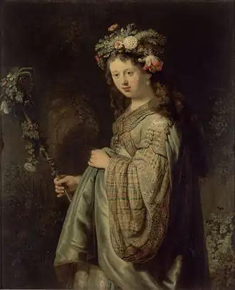 Huile sur toile représentant une femme portant des fleurs sur la tête.