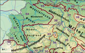 Carte du sud-ouest de la plaine d'Allemagne du Nord avec le Haar à la limite entre la baie de Westphalie (54) et le Süderbergland (33).