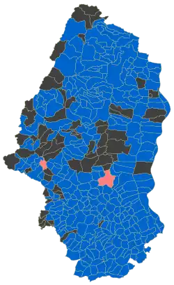 Une carte du Haut-Rhin par communes, montrant les résultats du premier tour de l'élection présidentielle française de 2012.