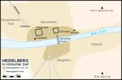 Carte en couleur montrant l’emprise de l’Empire romain à Heidelberg, de part et d’autre du Neckar.