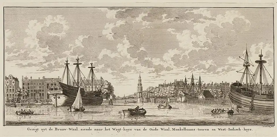 Le Beeckestijn&nbsp;(nl), navire négrier de la Compagnie néerlandaise des Indes occidentales, dans le port d'Amsterdam vers 1735.