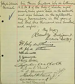 Acte de sépulture de Henri Gustave Joly de Lotbinière. 18 novembre 1908. Paroisse Holy Trinity Anglican Cathedral de la ville de Québec.