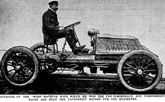Henri Fournier sur la Mors HP 60, en 1902, après ses succès avec la voiture au Paris-Bordeaux puis au Paris-Berlin en 1901 (à un mois d'écart).