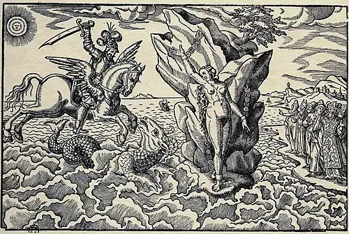 Gravure montrant une femme enchaînée à un rocher tandis qu'un cavalier, montant un cheval ailé, attaque un monstre marin.