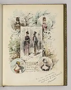 Une scène centrale présente deux personnages dans une rue, une femme et un homme en pleine discussion. Cette scène est entourée de quatre médaillons qui représentent les quatre saisons personnifiées par des figures féminines. Le dessin est complété par un décor de campagne qui change en fonction des médaillons de saisons à proximité (de haut en bas et de droite à gauche : Hiver, Printemps, Ete, Automne).
