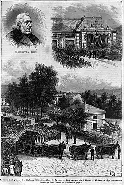 Gravure composée de trois images, un portrait en haut à gauche, un bâtiment décoré en haut à droite et la vue d'ensemble d'un corbillard tiré par des chevaux devant la foule en bas.