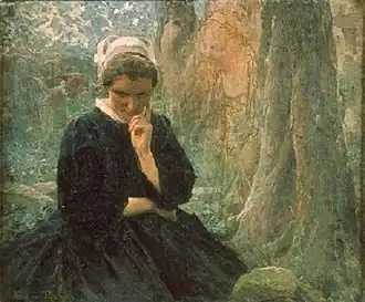 Peinture d'une femme en habits traditionnels bretons dans une forêt.
