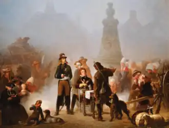 Peinture représentant La Rochejaquelein, debout, le prince de Talmont assis sur une chaise face à une table ou est présentée une carte et Jean Chouan, de dos, au milieu d'une foule d'hommes et des femmes sur une place de la ville.