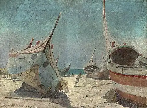 Pêcheurs s'abritant dans leur bateau à Espinho au Portugal.