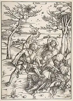 gravure représentant divers personnages engagés dans un combat